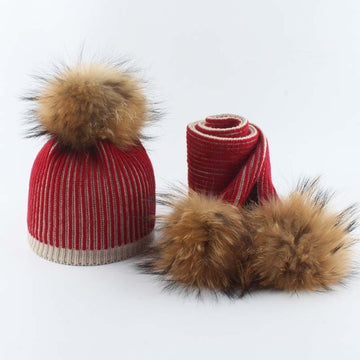 Baby Winter Hat For Girls Boys Real Fur Pompom Kids Hat and Scarf Set Striped Knitted Beanies Skullies daiiibabyyy